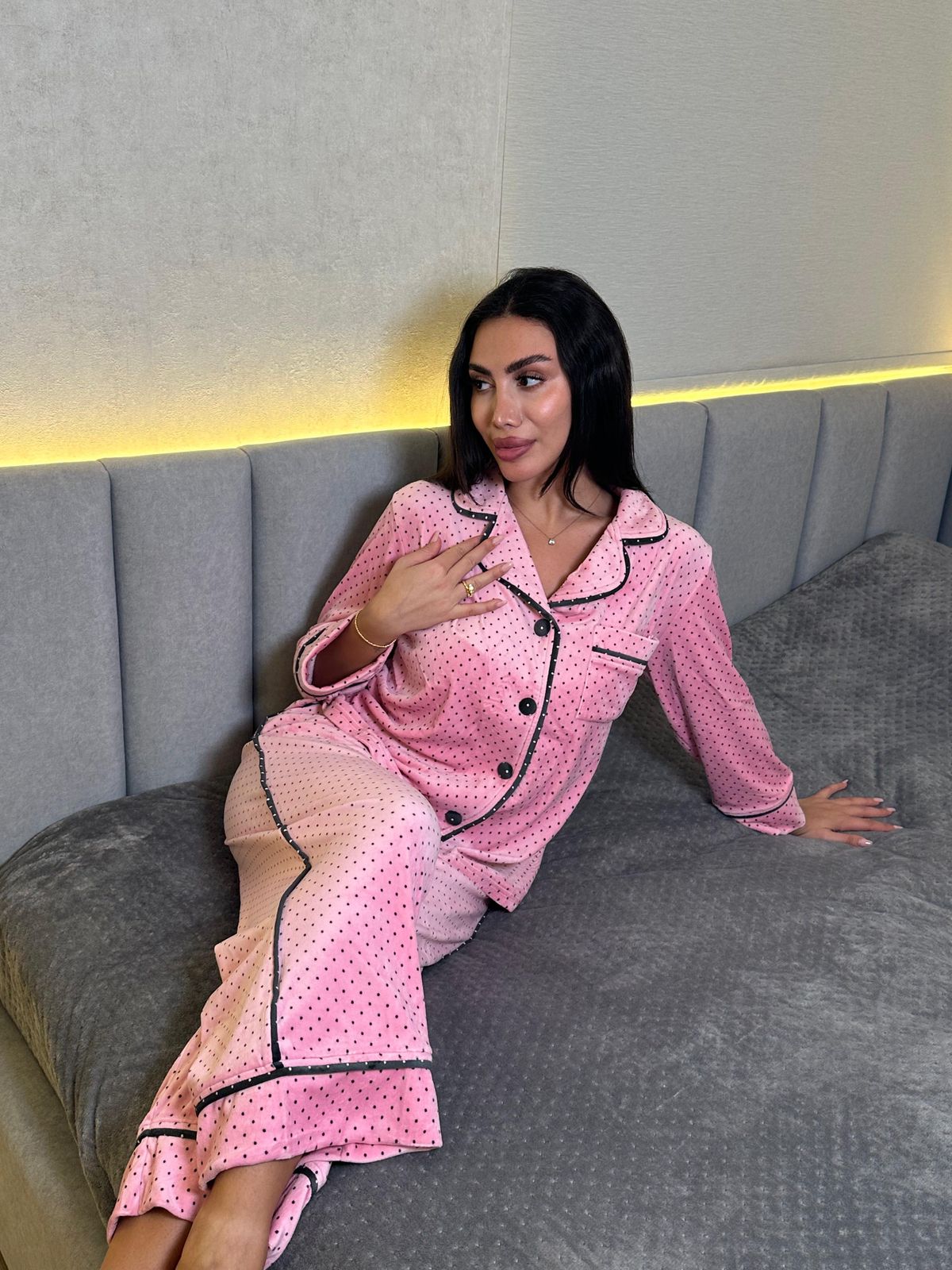 Velvet Dot Piped Pants Pajama Set