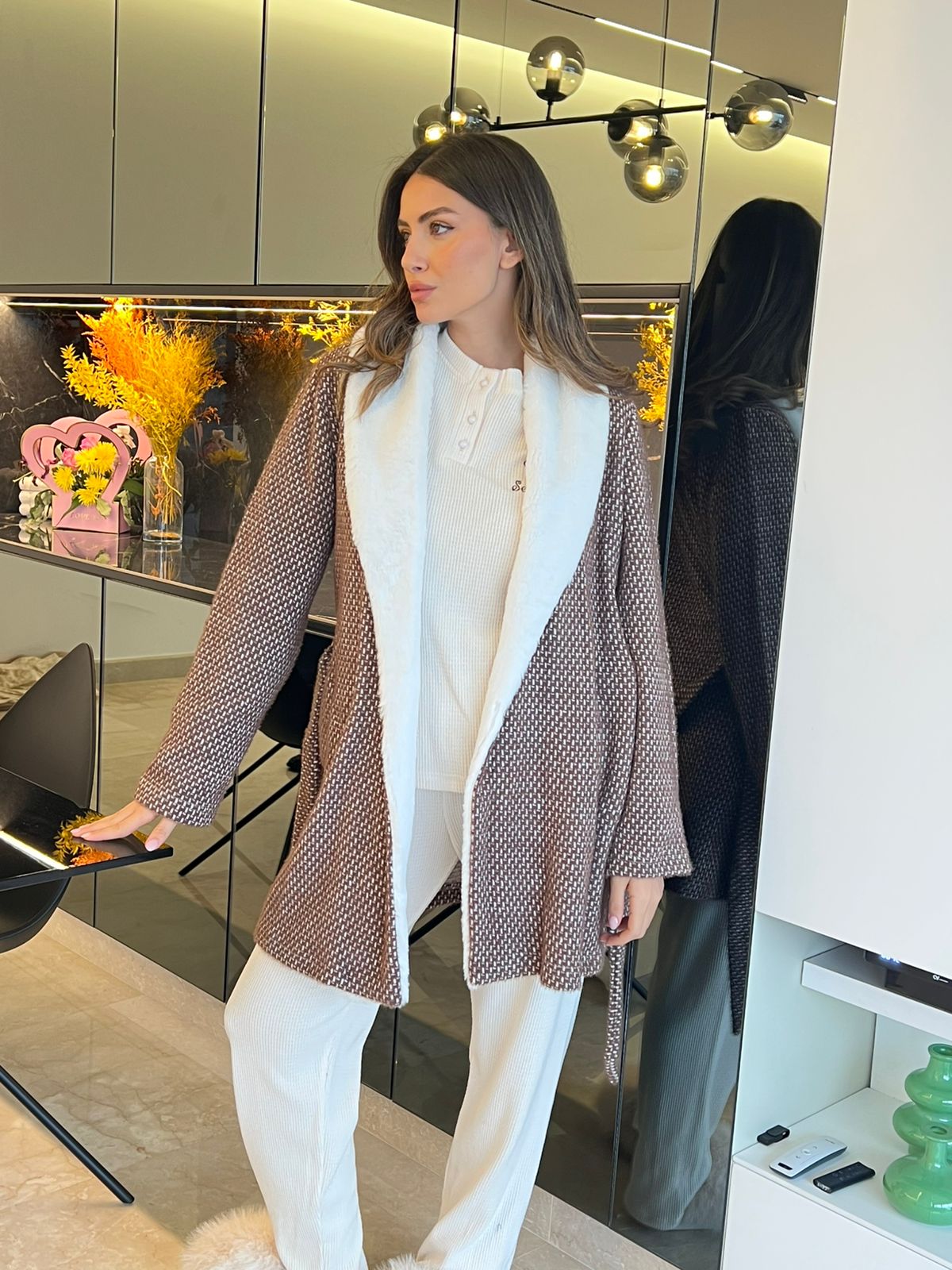 Faux Fur Collar Pants & Robe Pajama Set