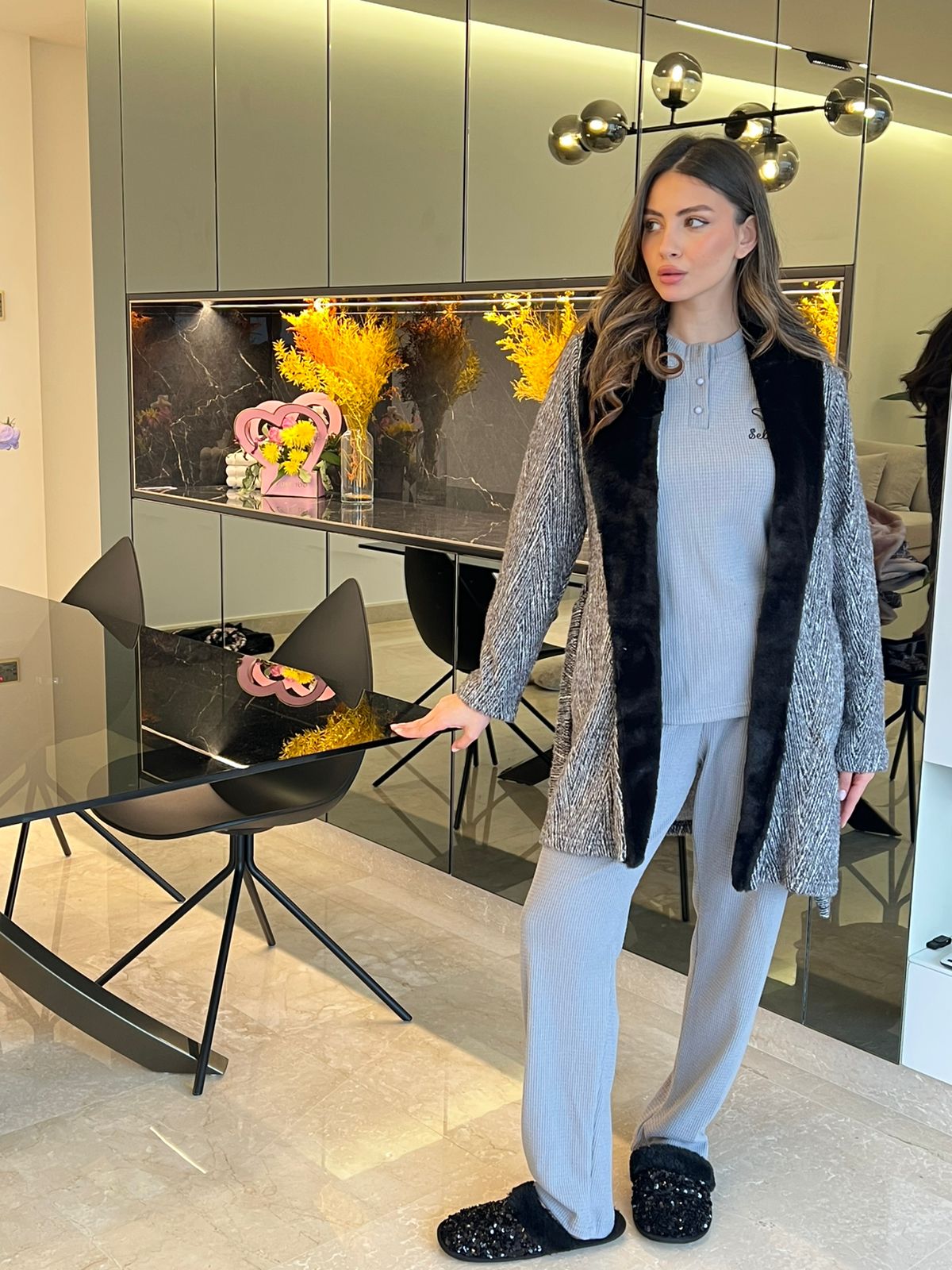 Faux Fur Collar Pants & Robe Pajama Set