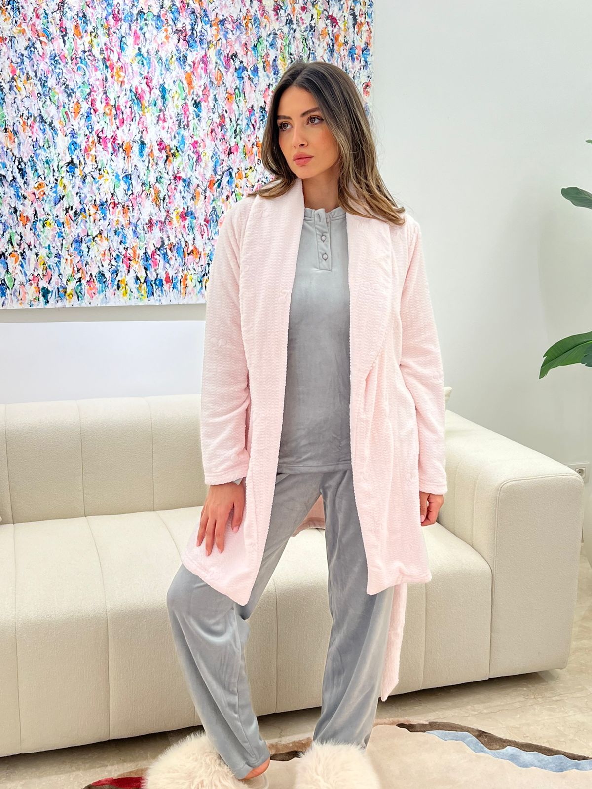 Snow Cloud Velvet Pants & Robe Pajama Set