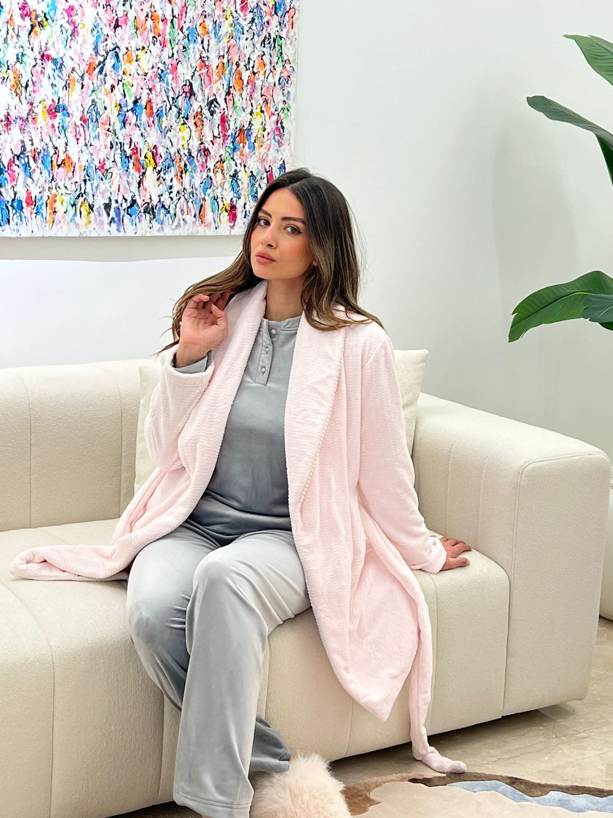 Snow Cloud Velvet Pants & Robe Pajama Set