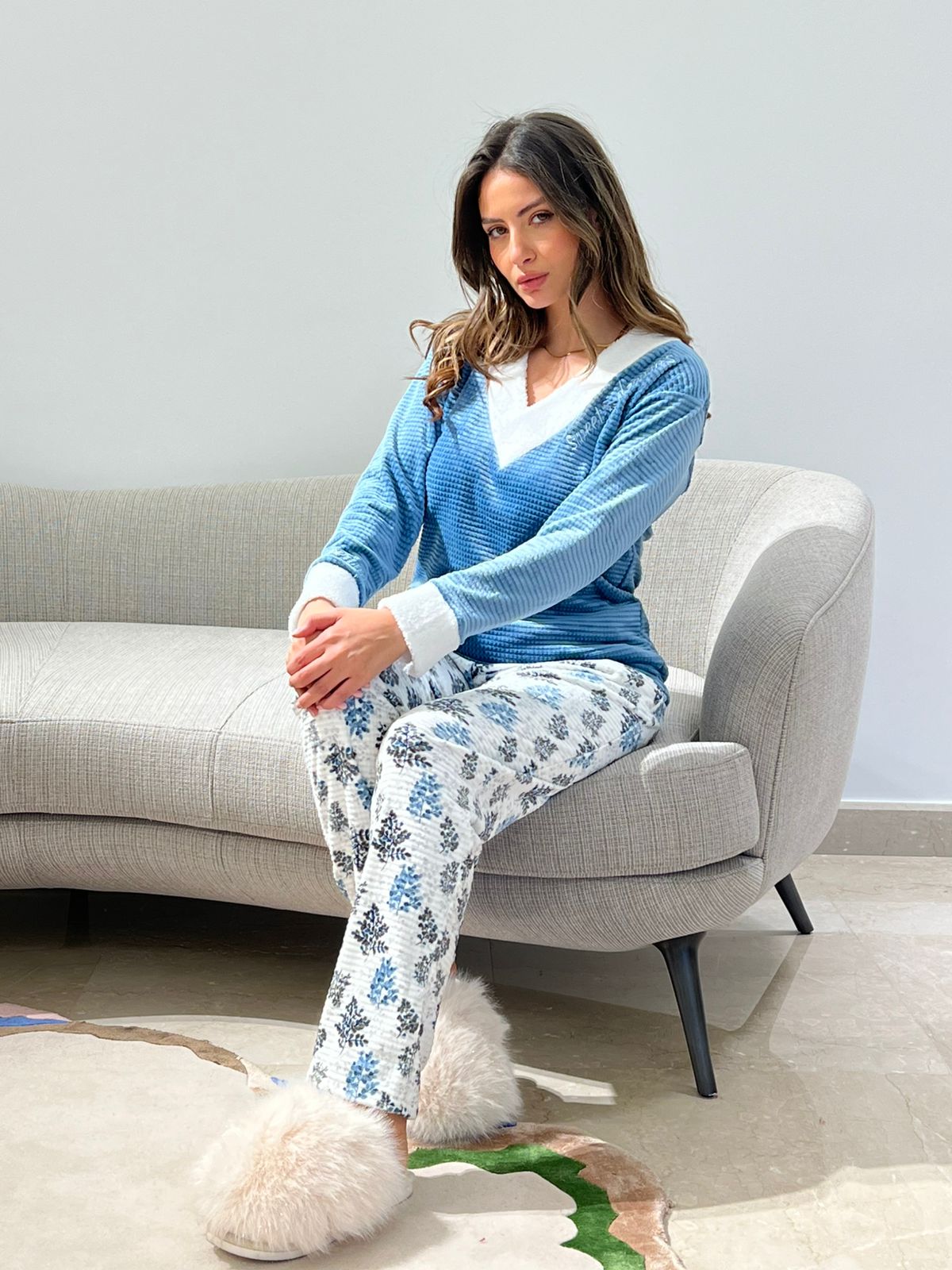 Royal Blue Cozy V-Neck Pants Pajama Set