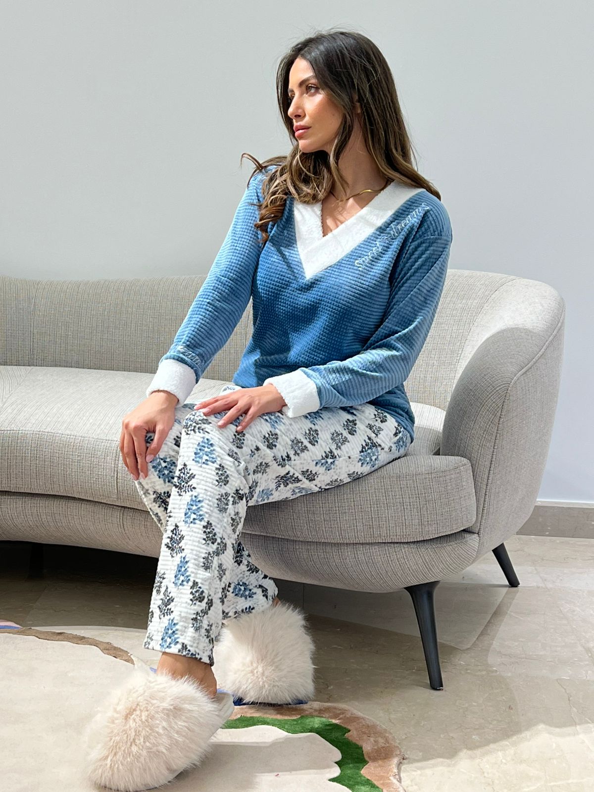 Royal Blue Cozy V-Neck Pants Pajama Set