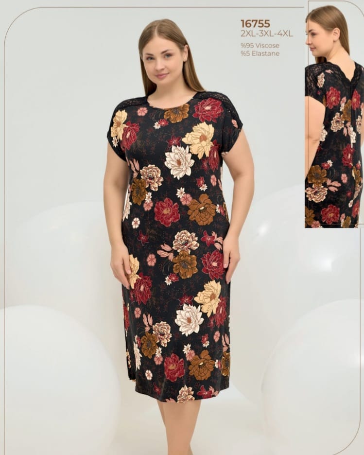 black dress pyjama set with flower accents in big size - pajama - dress - women pajama dress - summer pajama dress 