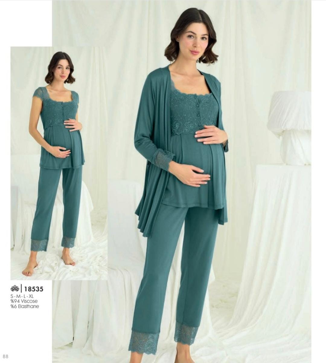 blue-green maternity 3-piece pants pyjama set - Women Pajamas - Summer Pajamas - Soft PJ = Breathable PJ