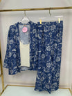 3-piece pants pyjama set - pajama set - summer pajama - women pajama - Blue floral kimono-style outfit with a white shirt on a hanger against a white background.