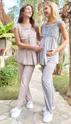  3-piece maternity pyjama set for women - pajama set - summer pajama - women pajama - Two women standing outdoors on a stone path with palm trees in the background