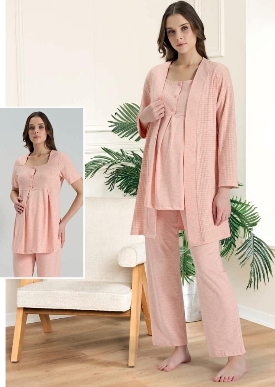 3-piece maternity pyjama set for women - pajama set - summer pajama - women pajama - Woman wearing a pink pajama set with a matching robe in a home setting.