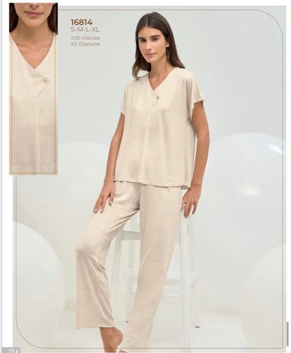  women’s 2-piece beige pants pyjama set - summer pajama - pajama - women pajama
