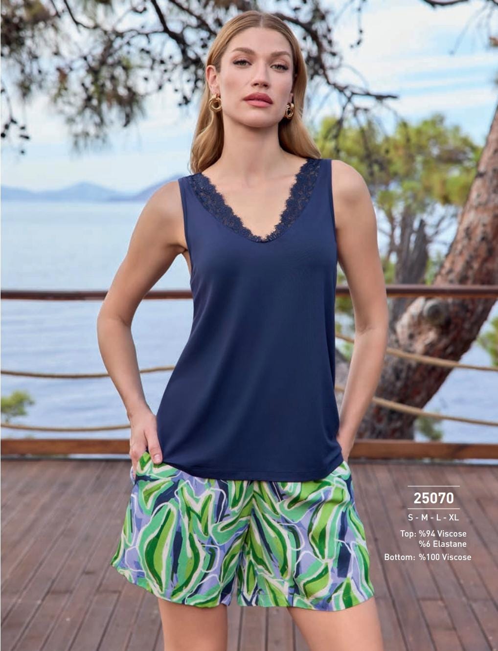 women’s 2-piece short pyjama set featuring a navy top and green shorts - summer pajama - women pajama - breathable pj - soft pj