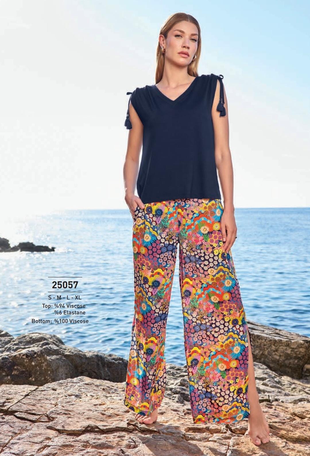 women's 2-piece summer pyjama set featuring a navy t-shirt and colorful printed pants - summer pajama - women pajama - soft pajama - luxury pajama - breathable pajama 
