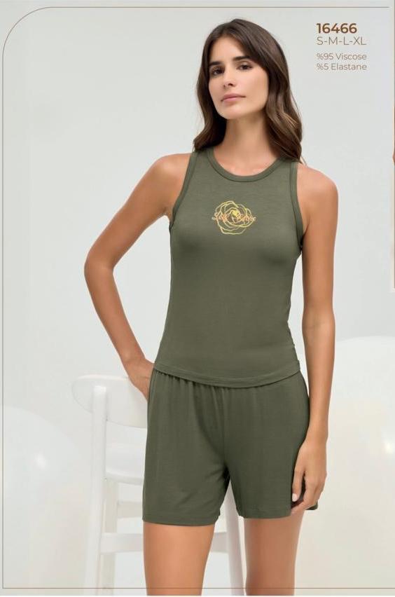 women’s 2-piece summer pyjama set in elegant olive green - women pajama - summer pajama - soft pj - breathable pj