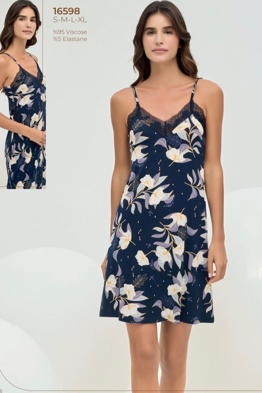 women’s navy dress pyjama set with floral accents - pajama set - dress - navy dress - night dress