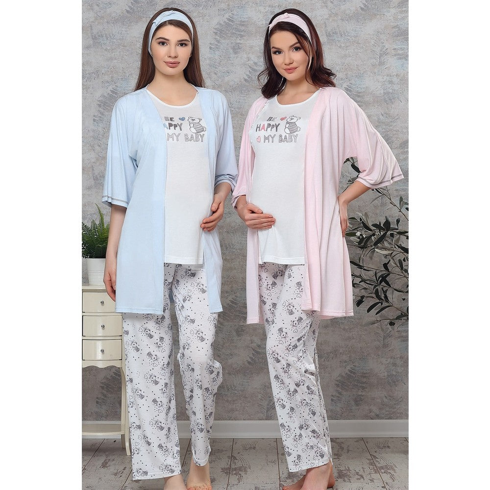 Two pregnant women wearing Popjammies 'Be Happy My Baby' Maternity Pajama Sets, one in a blue robe and one in a pink robe, with printed white T-shirts and patterned pants.