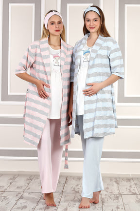 Two models wearing Popjammies striped maternity pajama sets in pink and blue with matching robes and pants